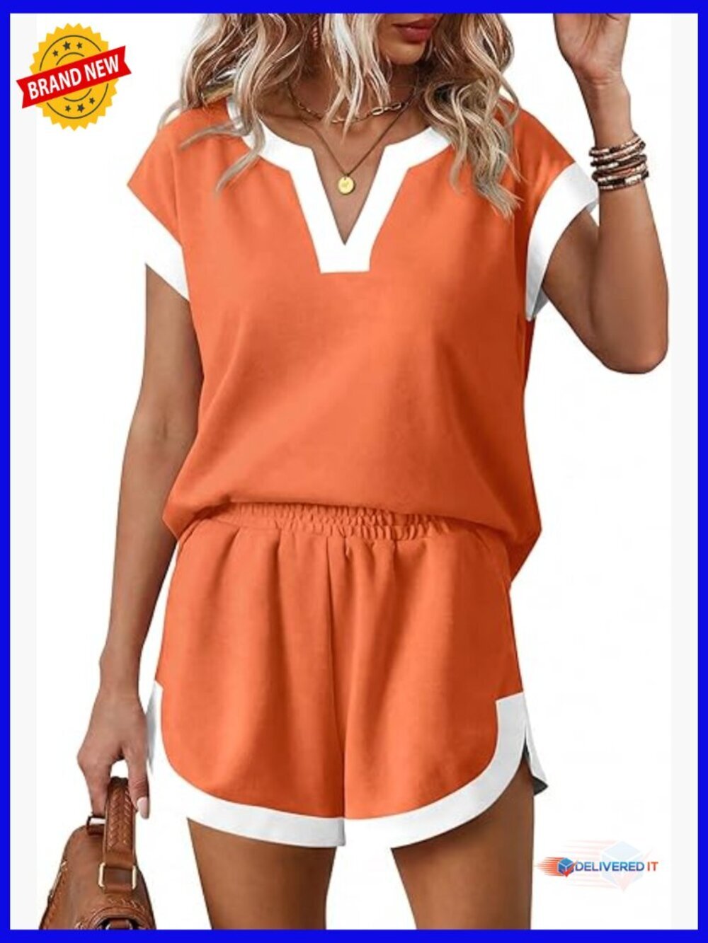 V Neck Color Block Short Set with Pockets 2 Piece Summer Outfit